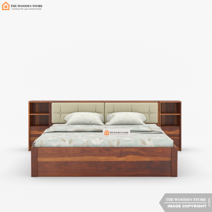 Amelia Drawer Storage Bed With Bedside (Queen Size, Honey Finish)