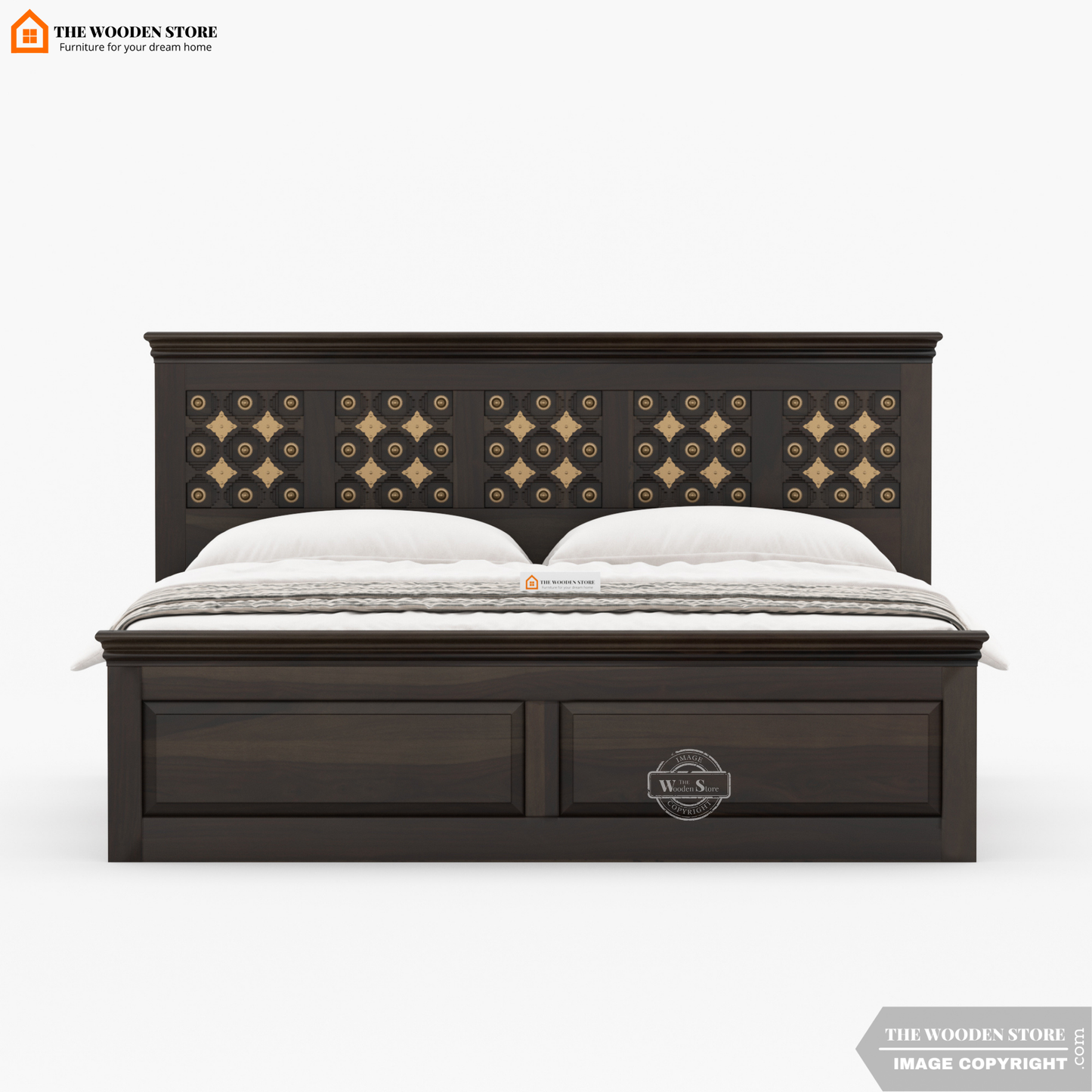 Indi Brass Bed With Box Storage (Queen Size, Walnut Finish)