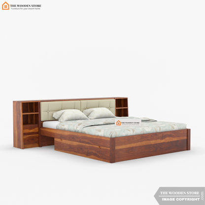 Amelia Drawer Storage Bed With Bedside (Queen Size, Honey Finish)