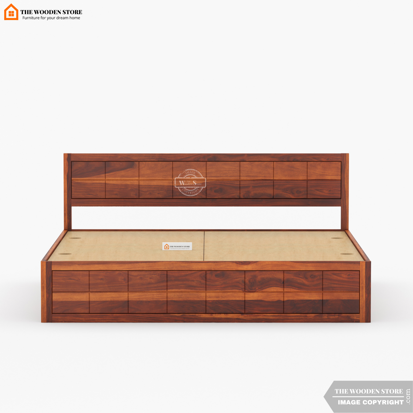 Bricks Bed With Box Storage (King Size, Honey Finish)