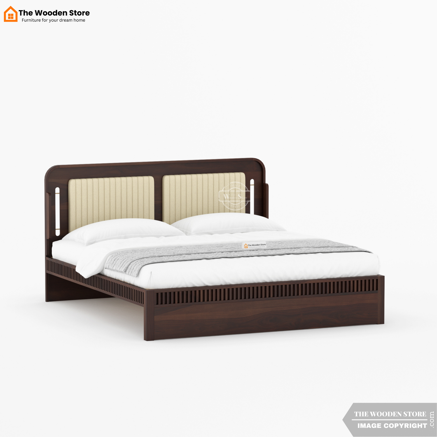 Liam Upholstered Bed without Storage (Queen Size, Walnut Finish)