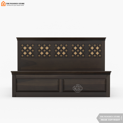 Indi Brass Bed With Box Storage (Queen Size, Walnut Finish)