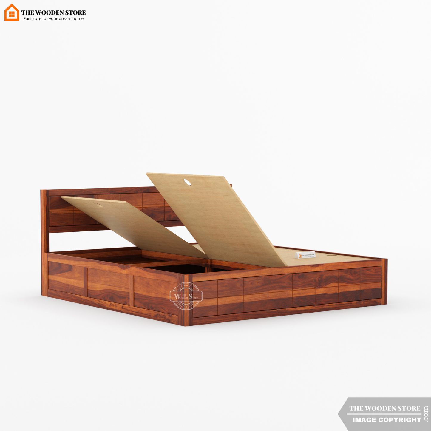 Bricks Bed With Box Storage (King Size, Honey Finish)