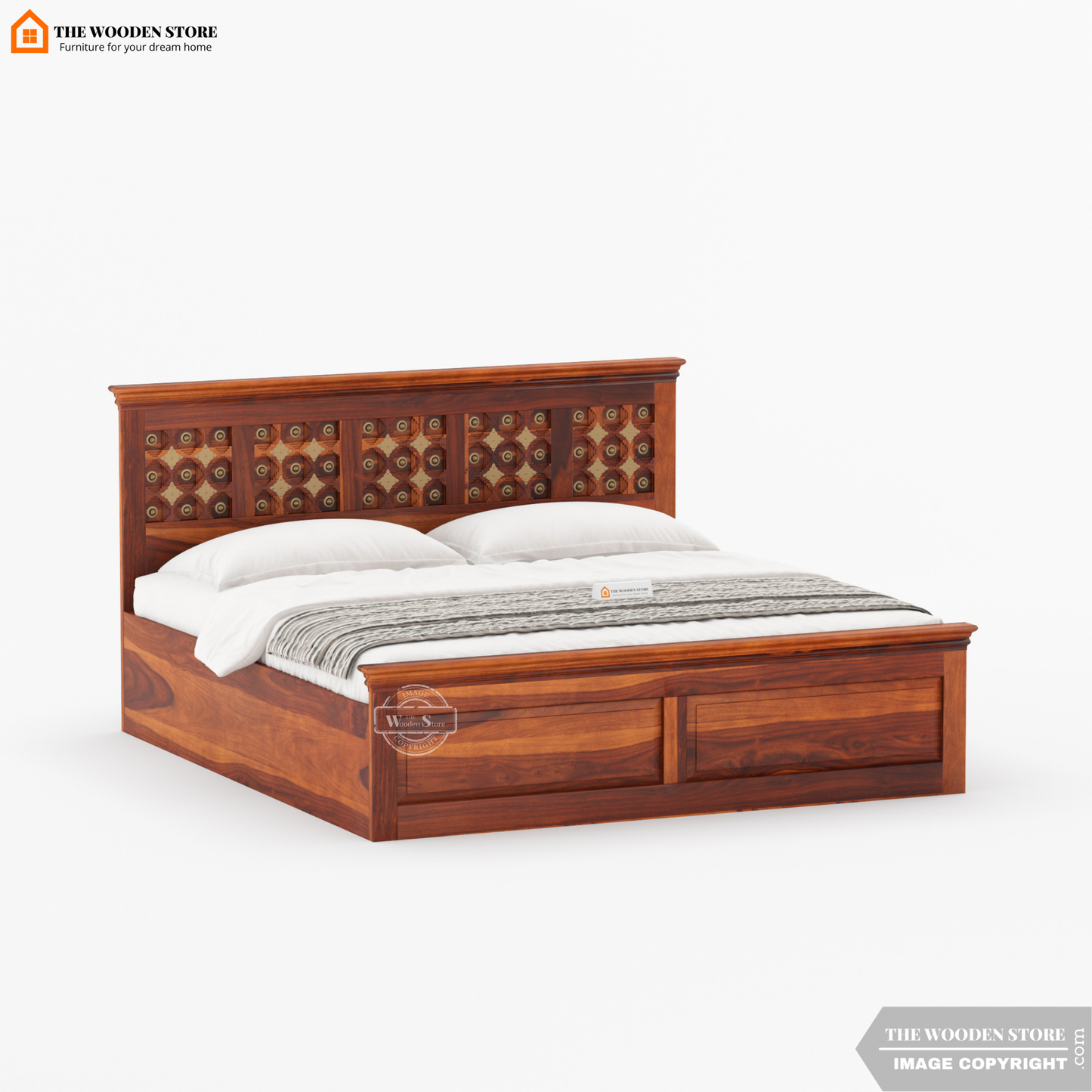 Indi Brass Bed With Box Storage (Queen Size, Honey Finish)