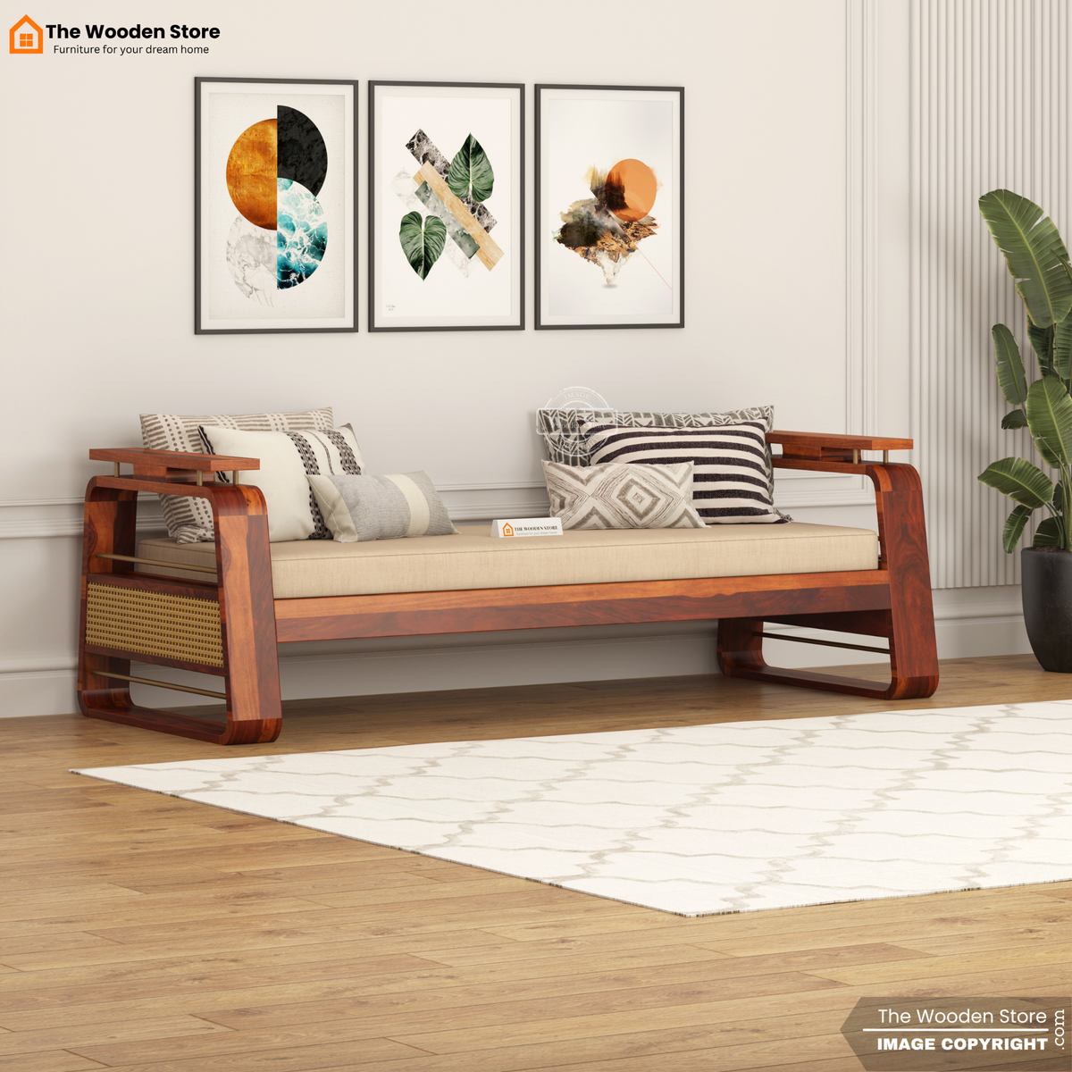Urban Divan With Cane and Brass Detailing (Honey Finish)