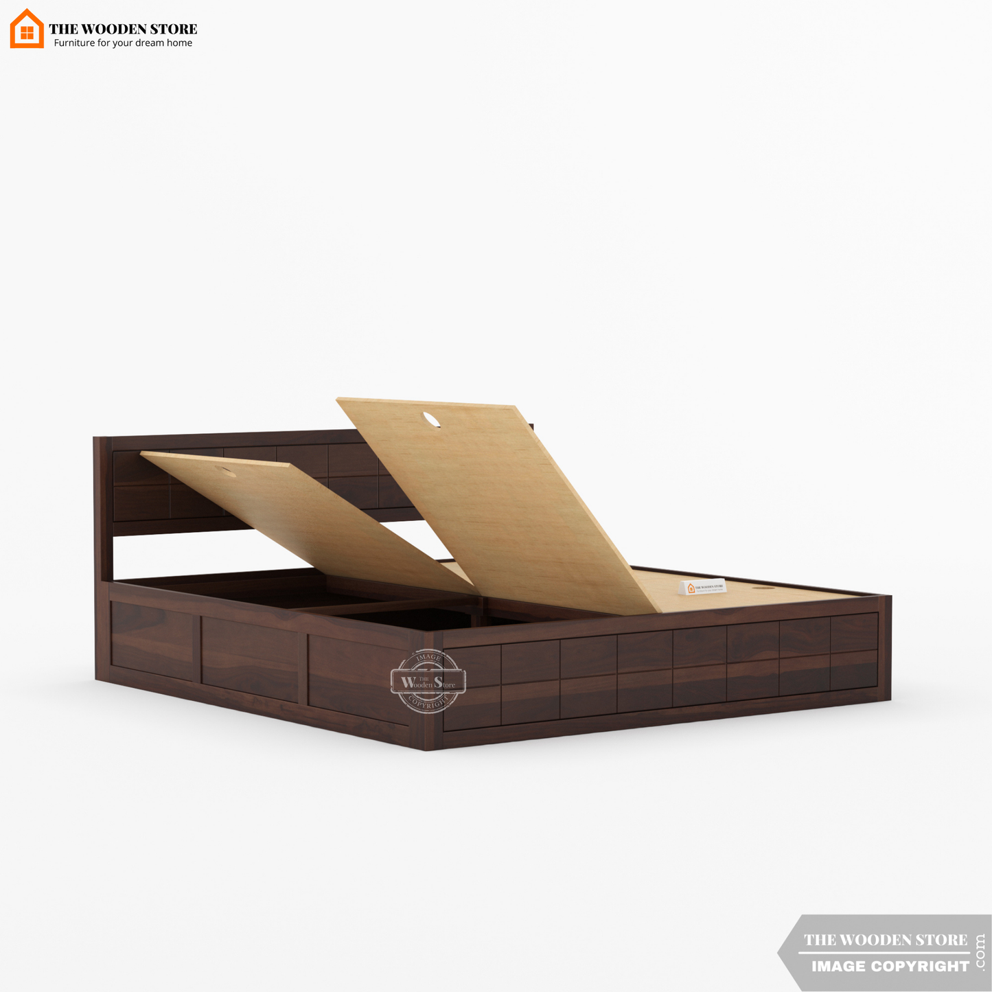 Bricks Bed With Box Storage (Queen Size, Walnut Finish)
