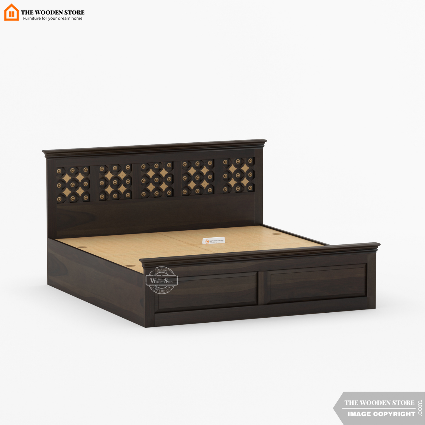 Indi Brass Bed With Box Storage (Queen Size, Walnut Finish)