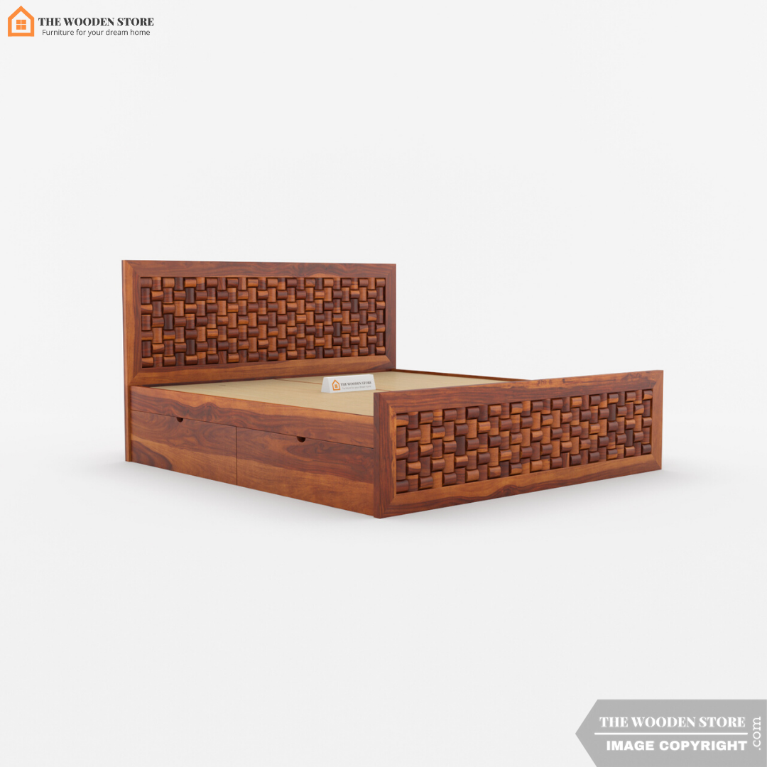 Woodwave Bed with Drawer Storage (King Size, Honey Finish)