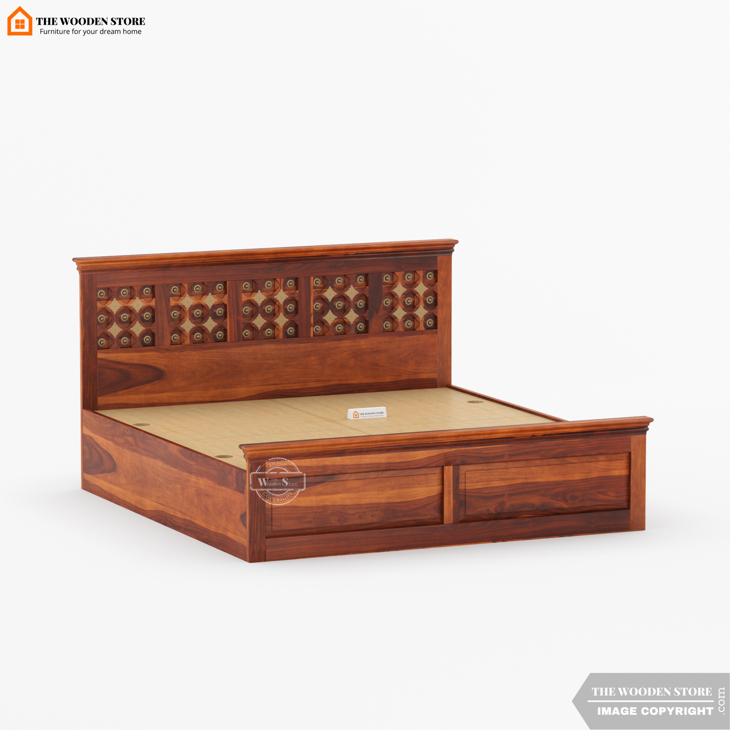 Indi Brass Bed With Box Storage (Queen Size, Honey Finish)