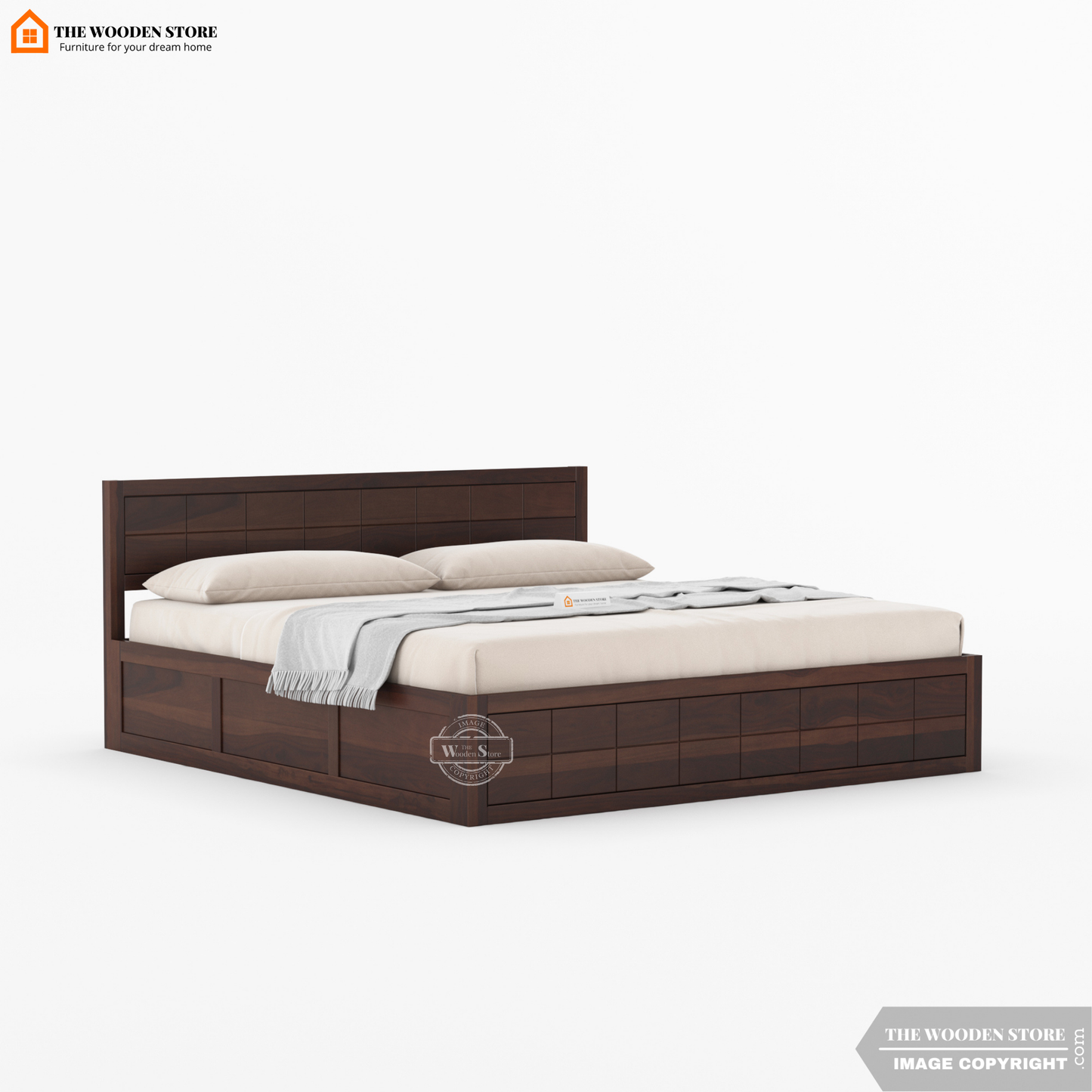 Bricks Bed With Box Storage (Queen Size, Walnut Finish)