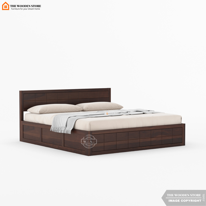 Bricks Bed With Box Storage (Queen Size, Walnut Finish)