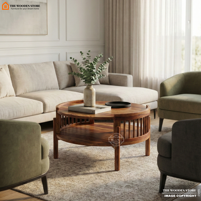 Samarth Sheesham Wood Round Coffee Table (Honey Finish)