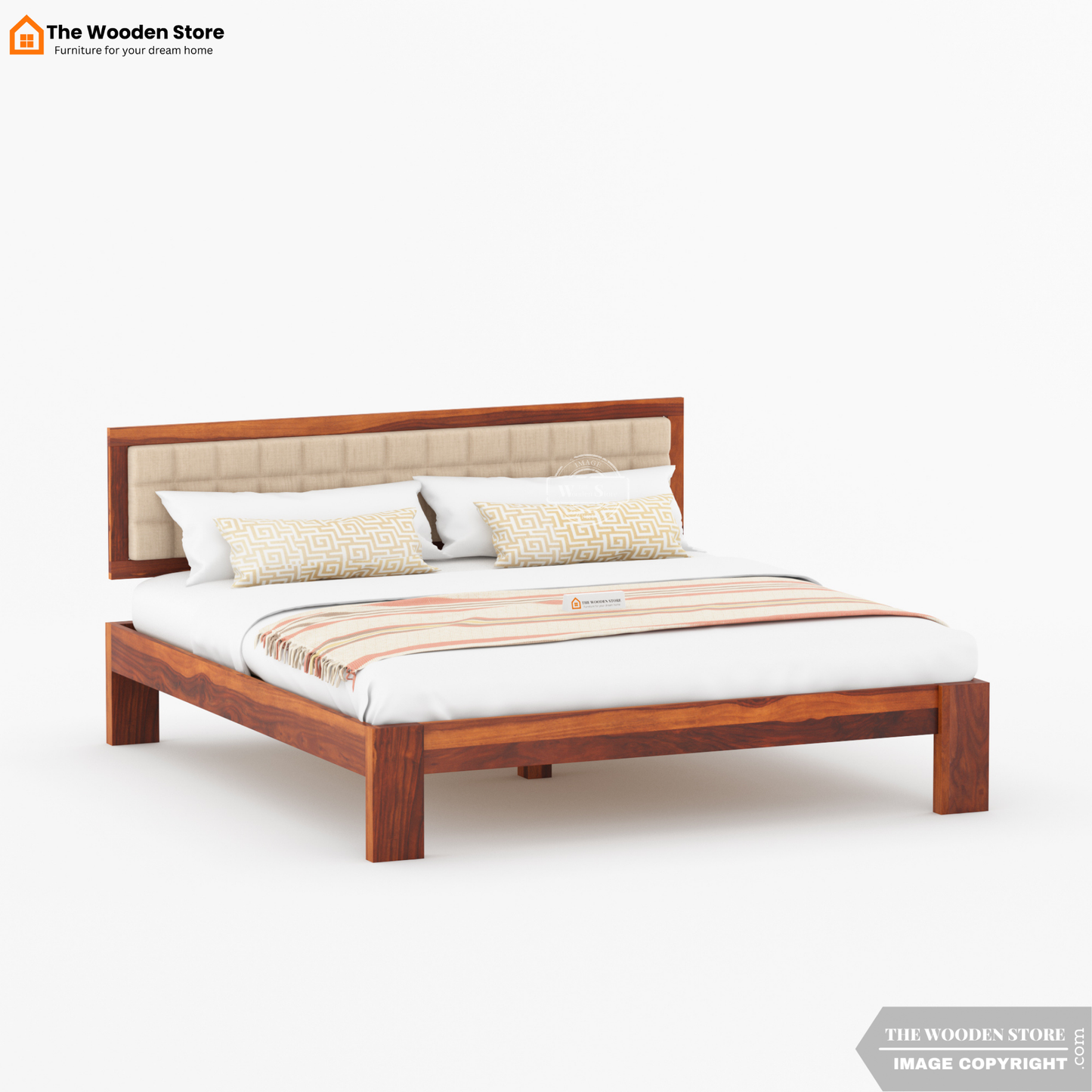 Halis Upholstered Bed without Storage (Queen Size, Honey Finish)