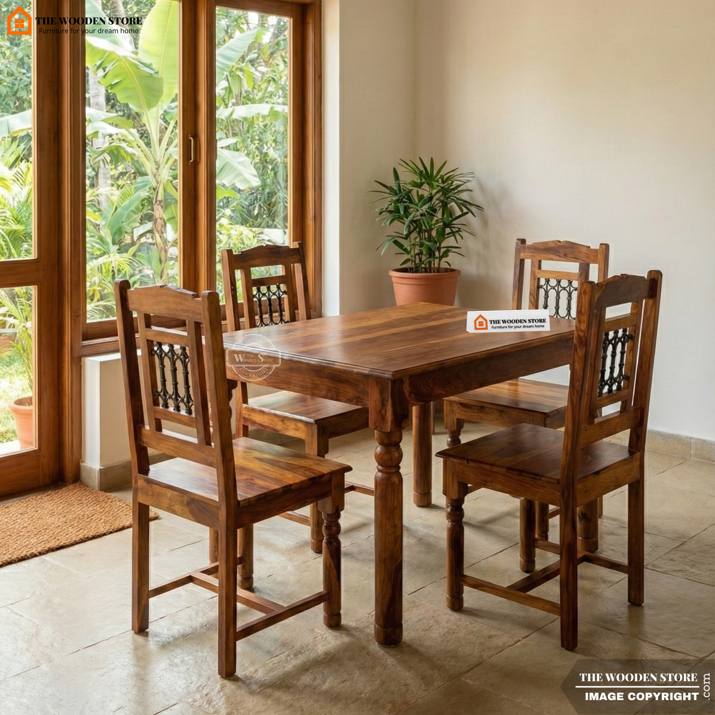Tavin 4 Seater Sheesham Wood Dining Set (Honey Finish)