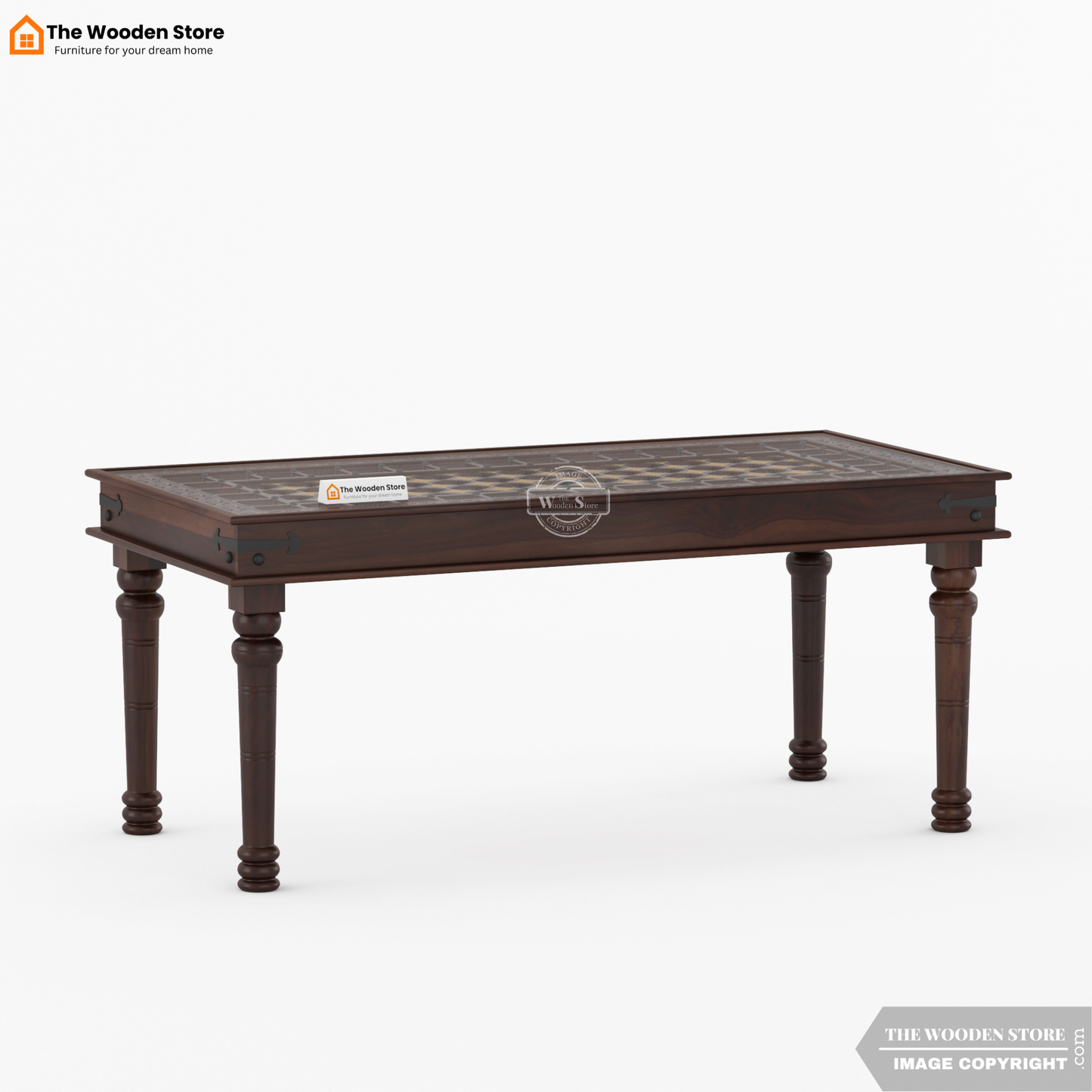 Royal Brass and Tiles 6 Seater Dining Table Set (Walnut Finish)