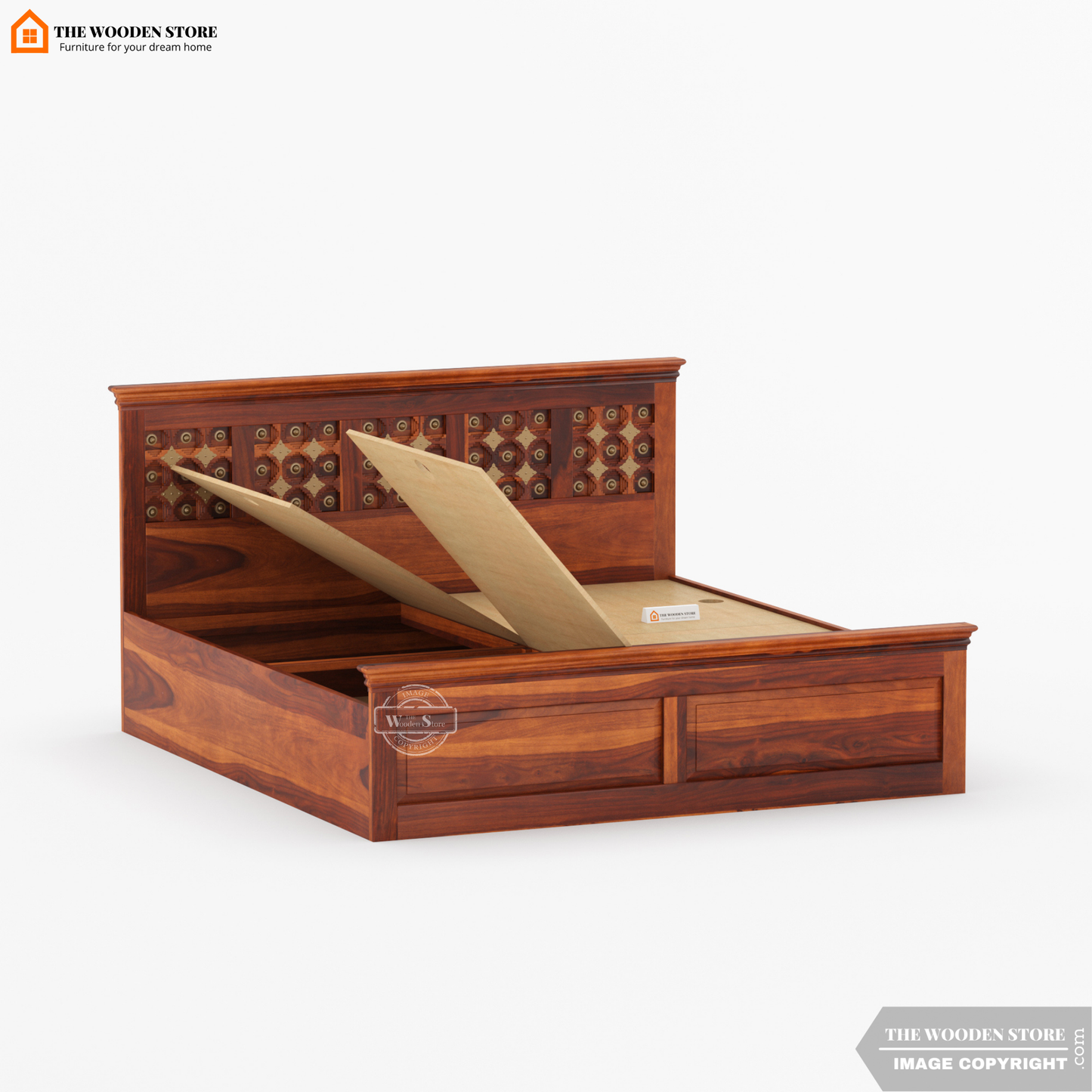 Indi Brass Bed With Box Storage (Queen Size, Honey Finish)