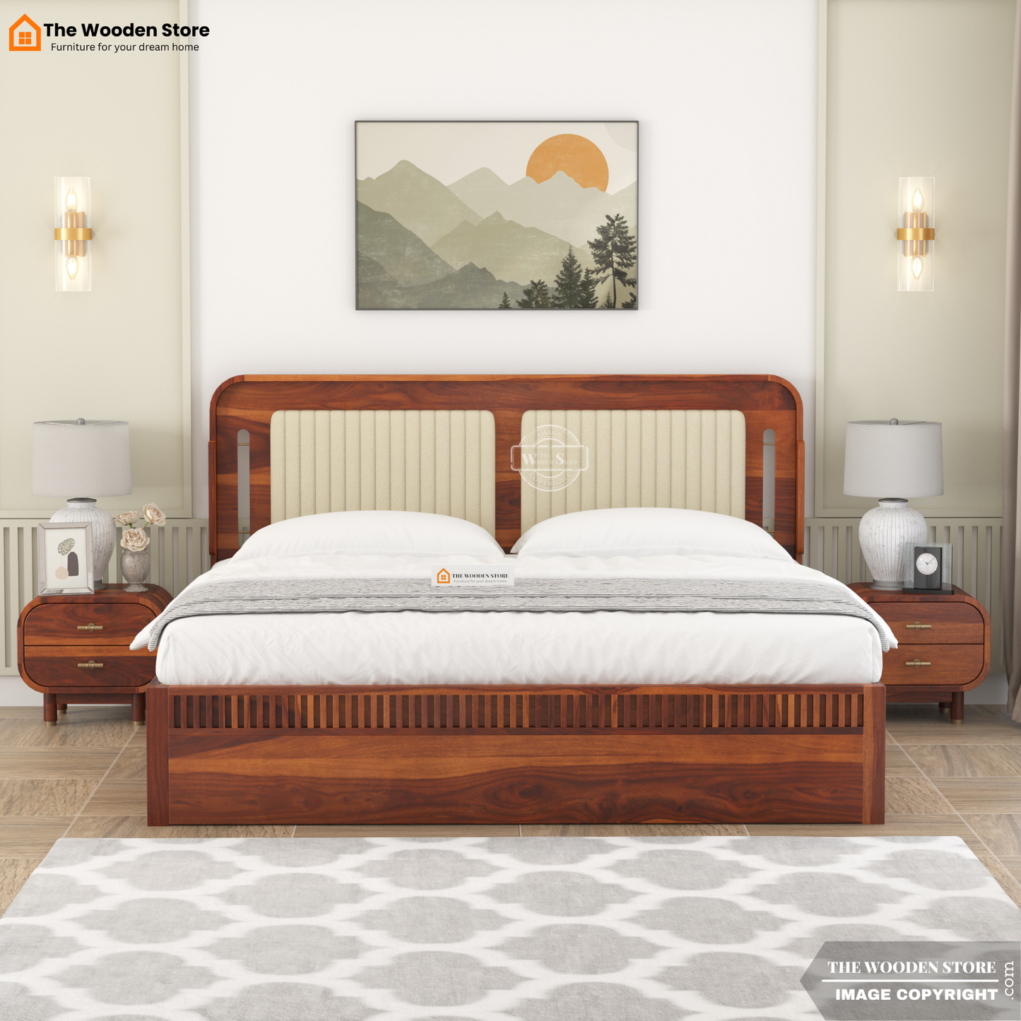 Liam Upholstered Bed without Storage (King Size, Honey Finish)