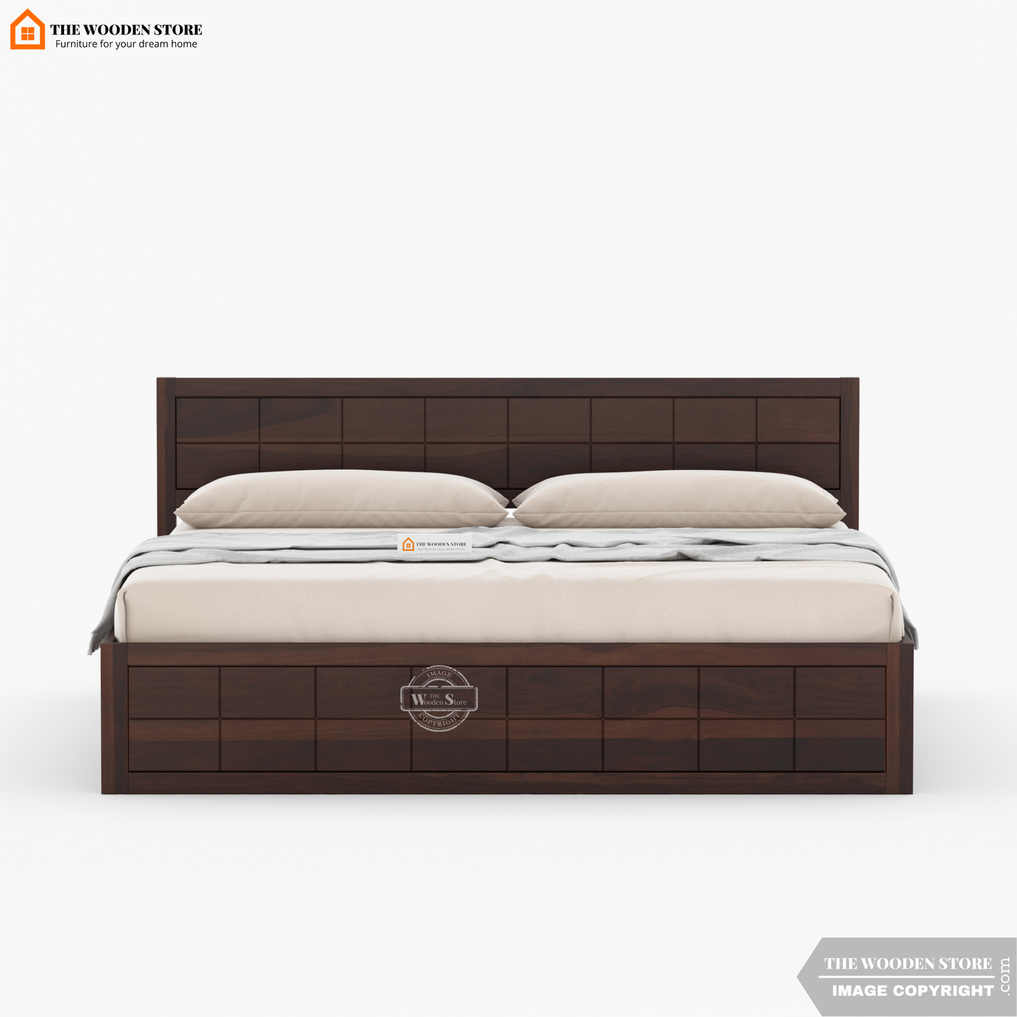 Bricks Bed With Box Storage (Queen Size, Walnut Finish)