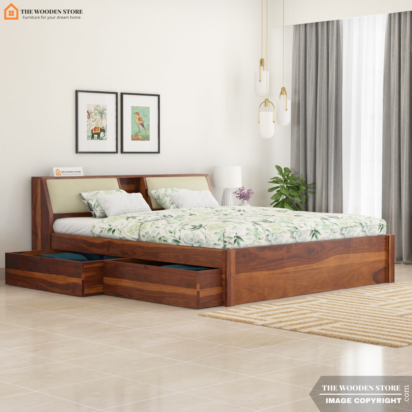 Walker Bed with Drawer Storage (King Size, Honey Finish)