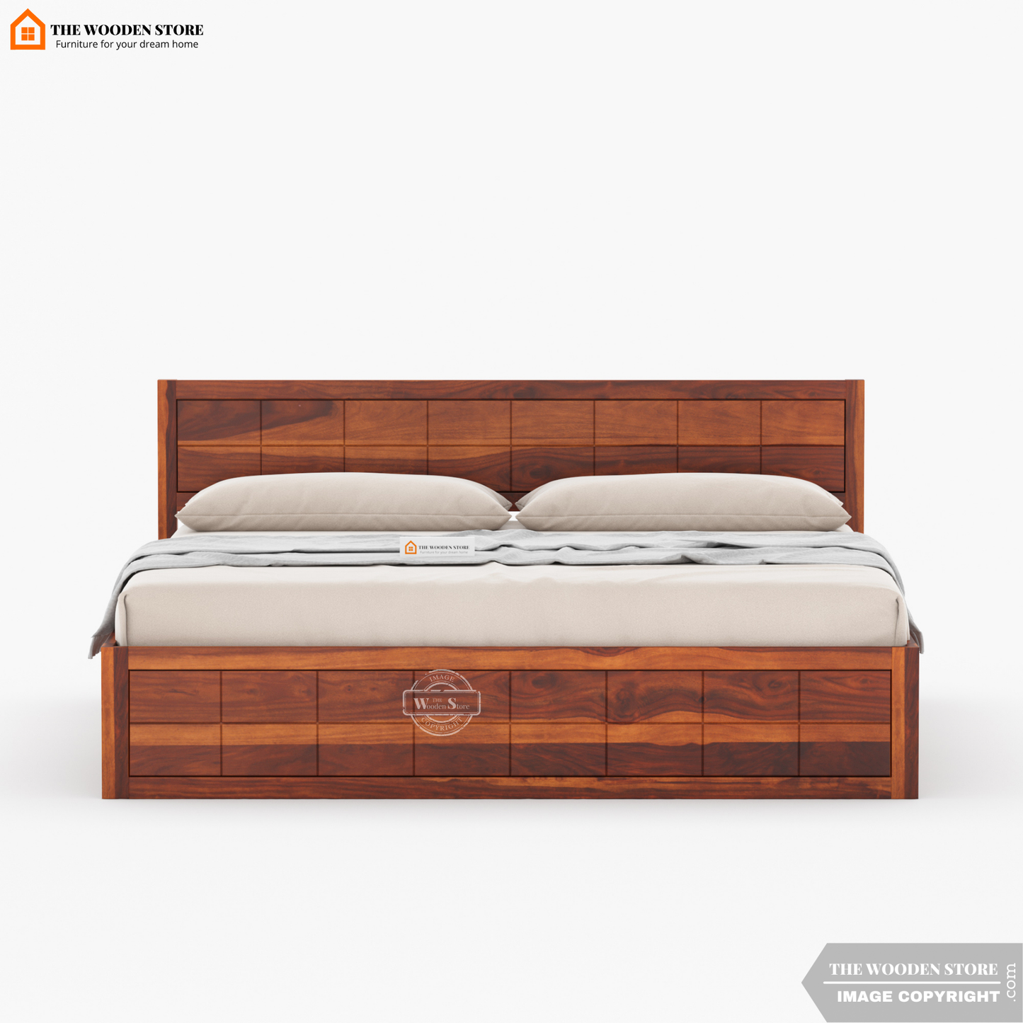 Bricks Bed With Box Storage (King Size, Honey Finish)