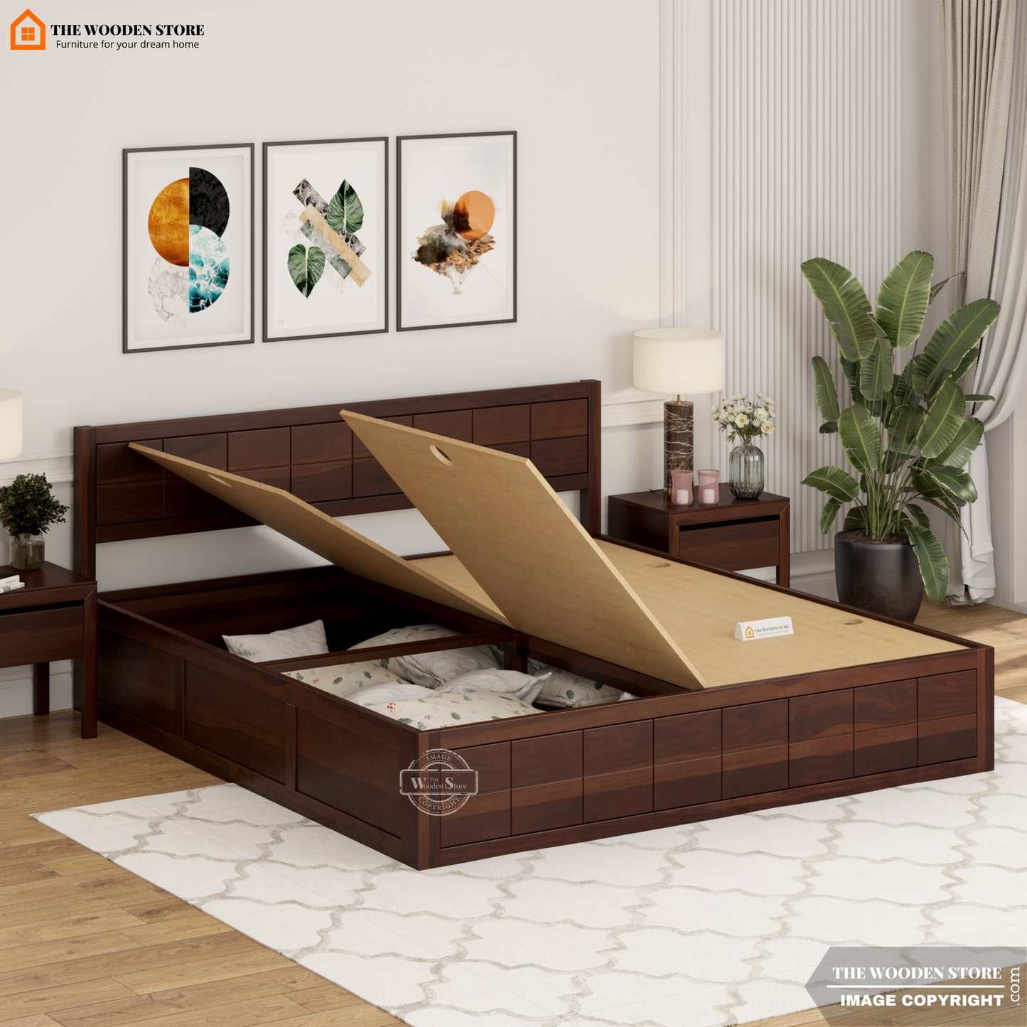 Bricks Bed With Box Storage (Queen Size, Walnut Finish)