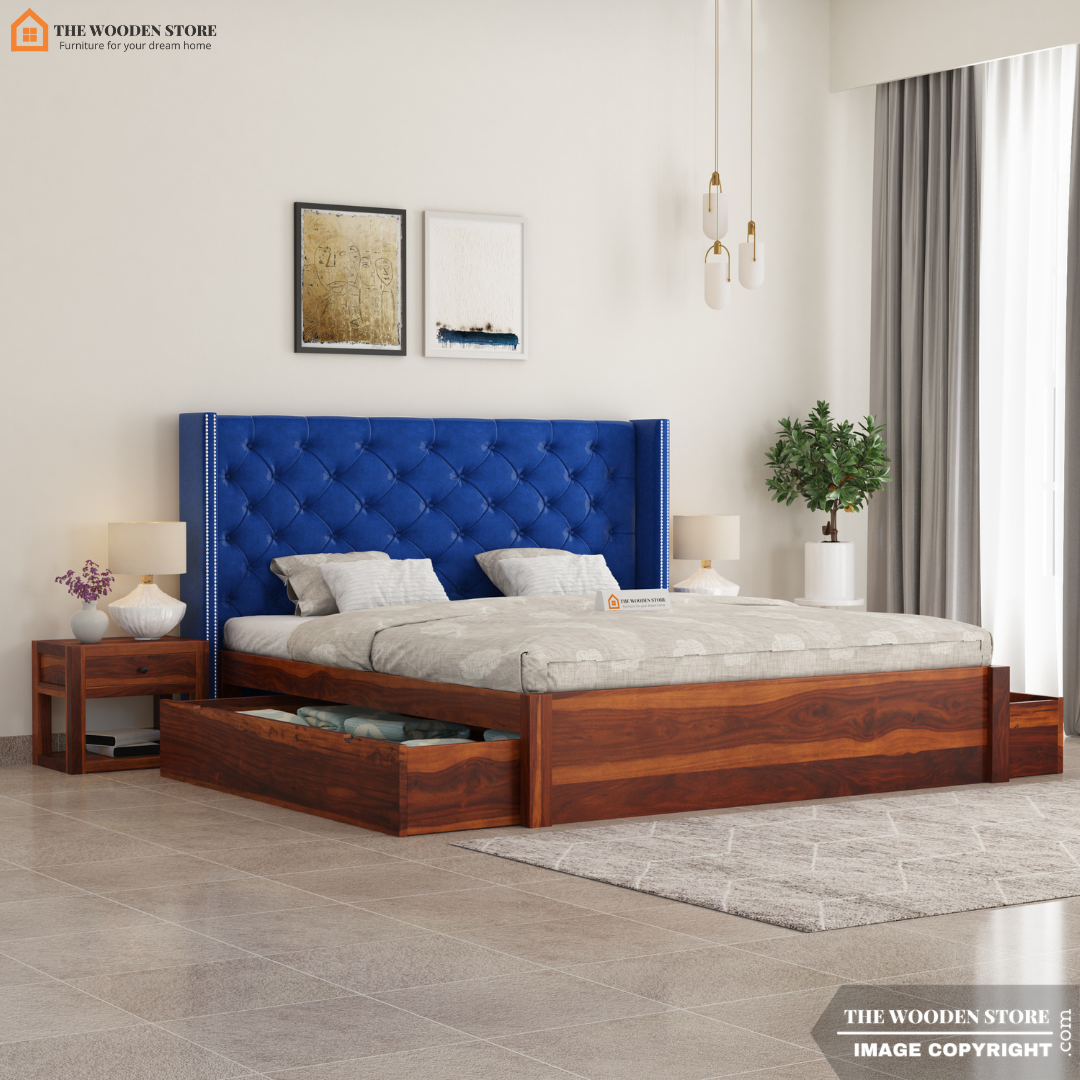 David Upholstered Bed With Storage (King Size, Honey Finish)
