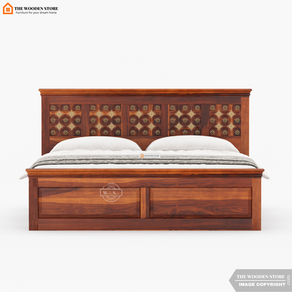 Indi Brass Hydraulic Bed With Storage (Queen Size, Honey Finish)