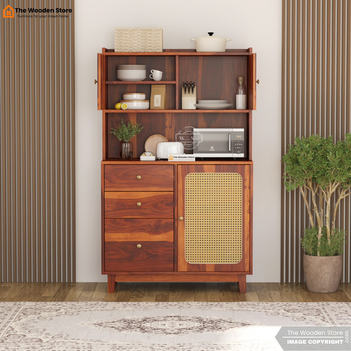 Safura Kitchen Cabinet with Cane Detailing (Honey Finish)
