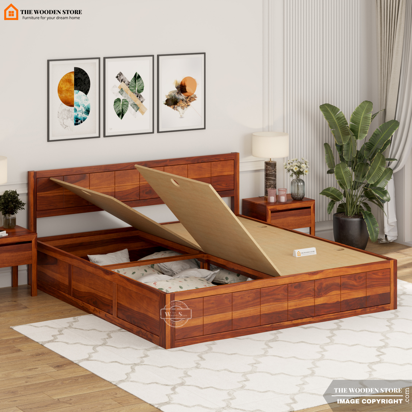 Bricks Bed With Box Storage (King Size, Honey Finish)