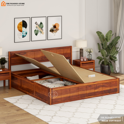 Bricks Bed With Box Storage (King Size, Honey Finish)