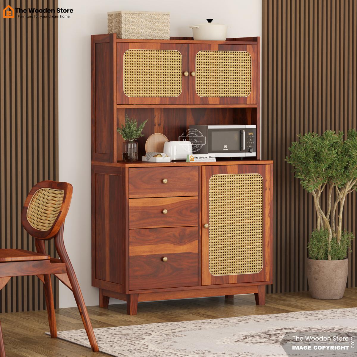 Safura Kitchen Cabinet with Cane Detailing (Honey Finish)