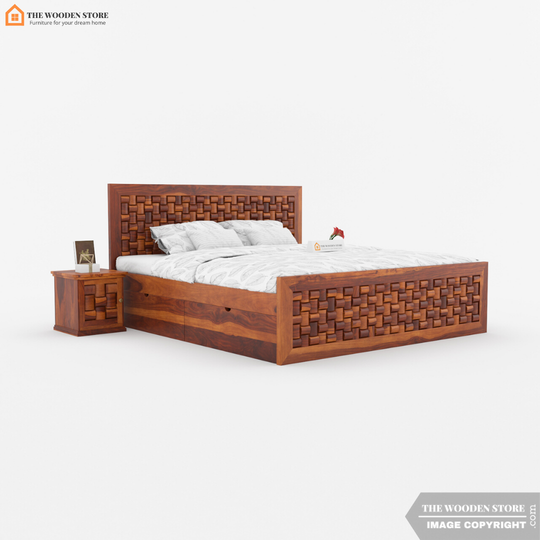 Woodwave Bed with Drawer Storage (King Size, Honey Finish)