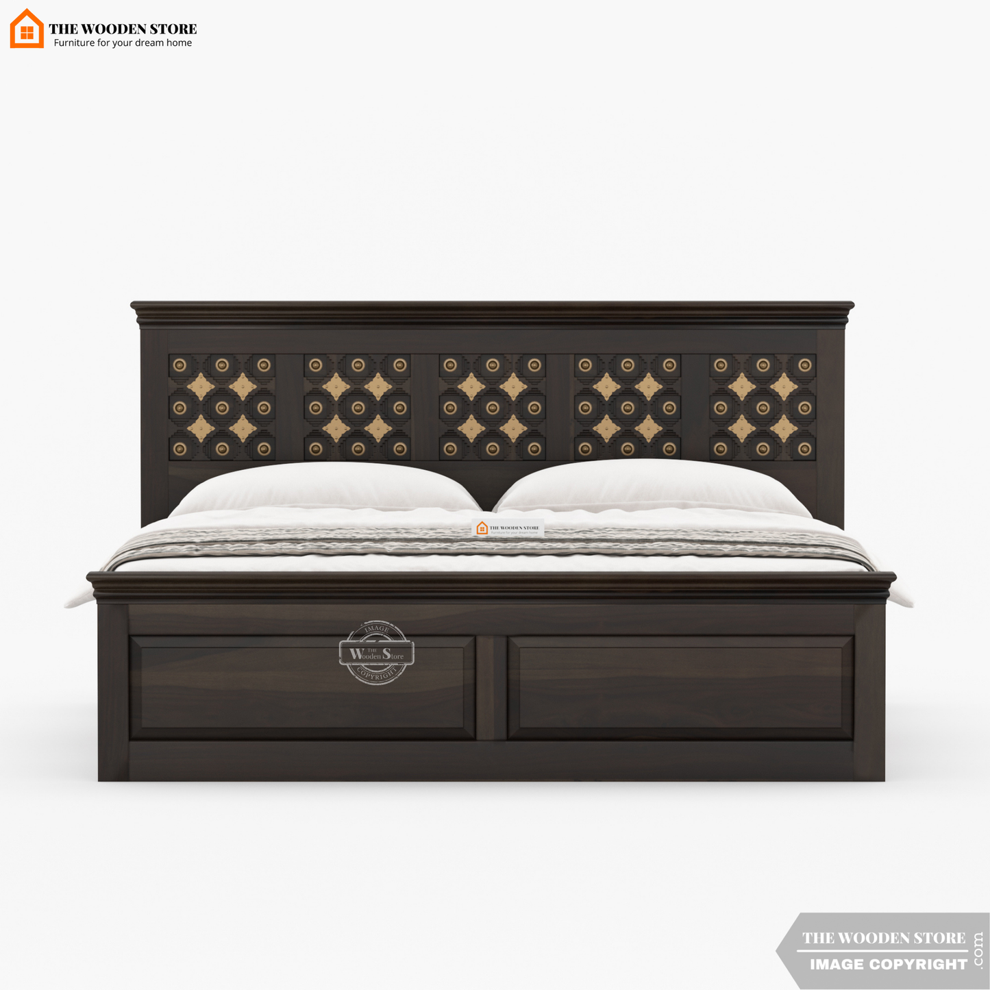Indi Brass Hydraulic Bed With Storage (Queen Size, Walnut Finish)