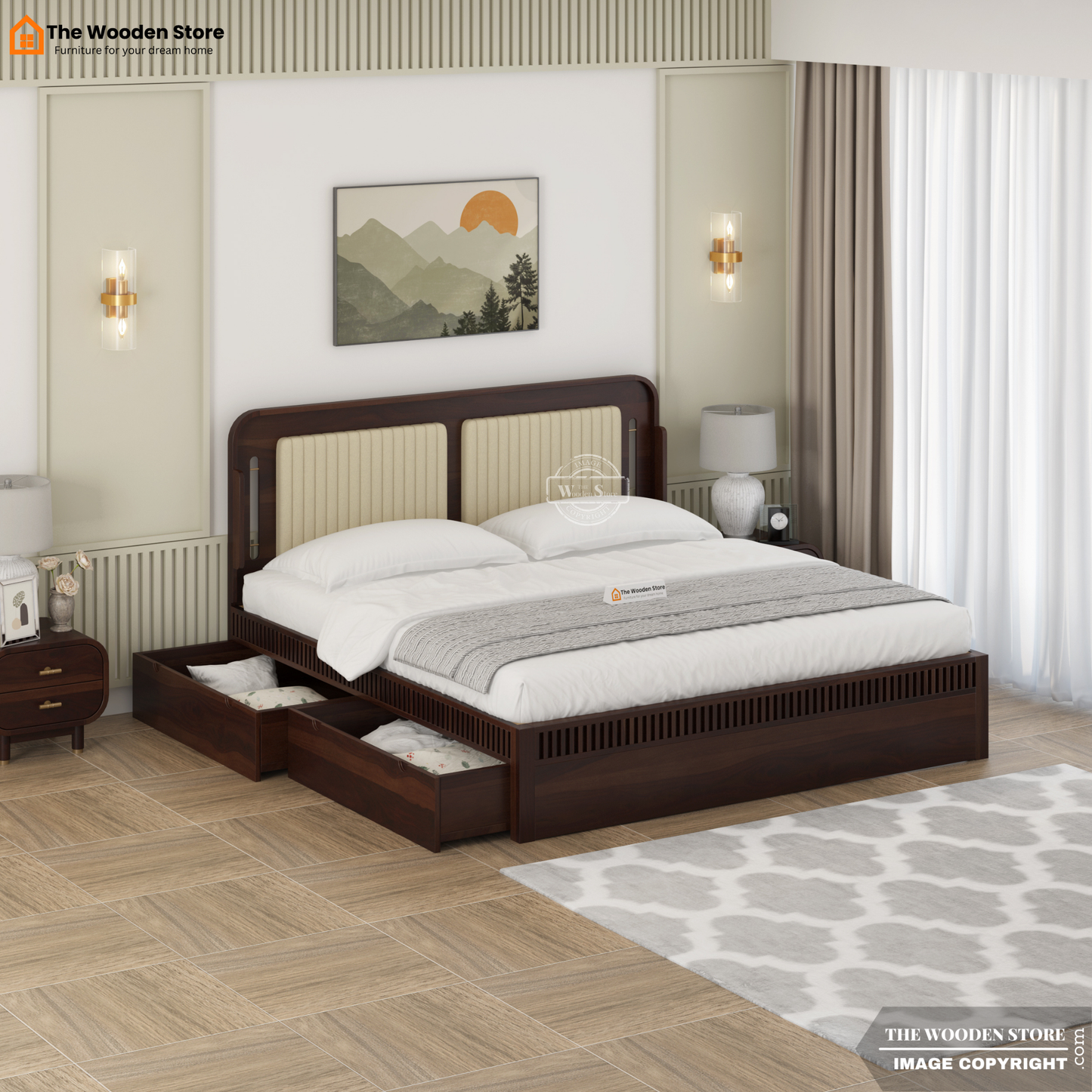 Liam Upholstered Bed with Drawer Storage (Queen Size, Walnut Finish)