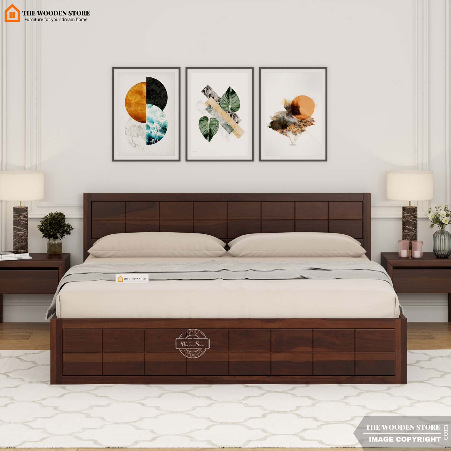Bricks Bed With Box Storage (Queen Size, Walnut Finish)