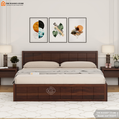 Bricks Bed With Box Storage (Queen Size, Walnut Finish)