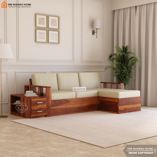 Shawn L-Shaped Sofa with Storage (Honey Finish)
