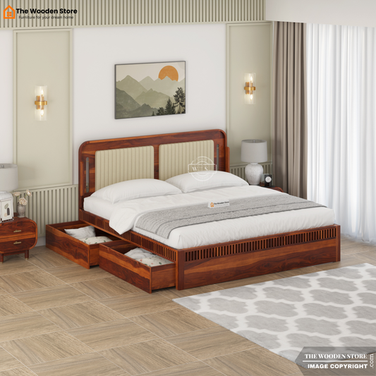 Liam Upholstered Bed with Drawer Storage (King Size, Honey Finish)