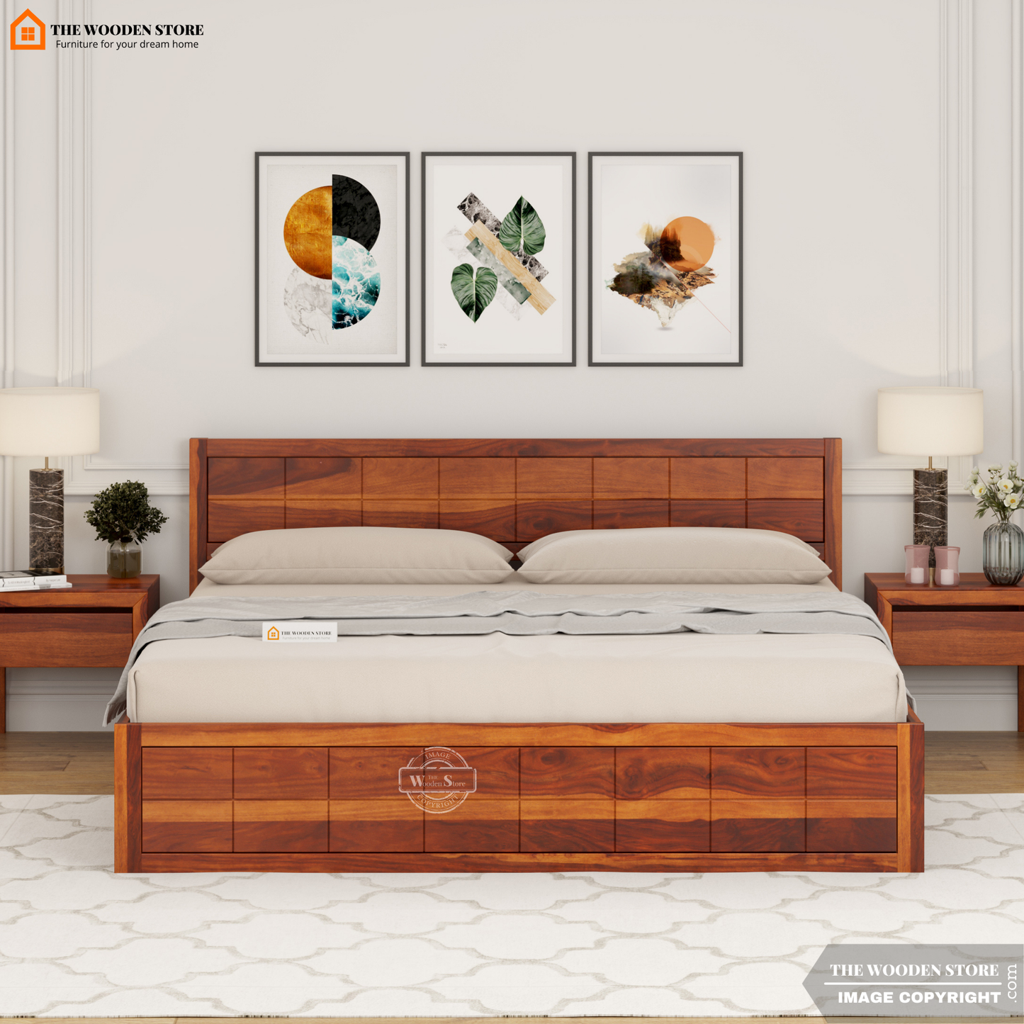 Bricks Bed With Box Storage (King Size, Honey Finish)