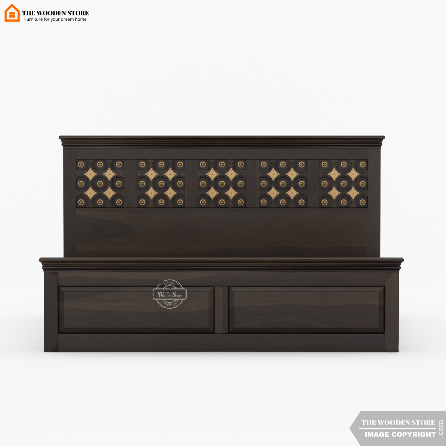 Indi Brass Hydraulic Bed With Storage (Queen Size, Walnut Finish)