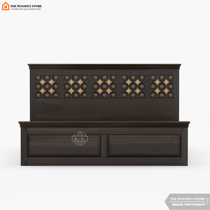 Indi Brass Hydraulic Bed With Storage (Queen Size, Walnut Finish)