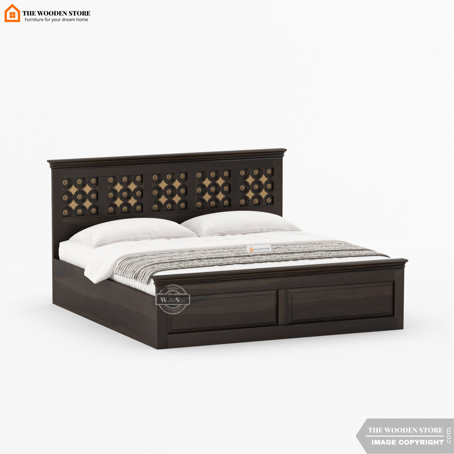 Indi Brass Hydraulic Bed With Storage (Queen Size, Walnut Finish)