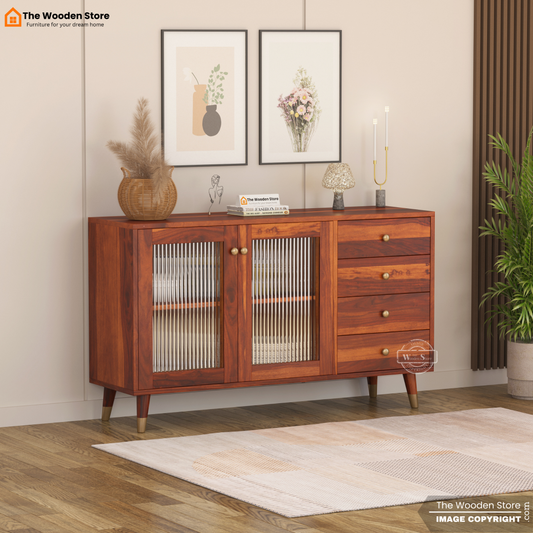 Zosia Kitchen Cabinet with Fluted Glass & Drawer Storage (Honey Finish)