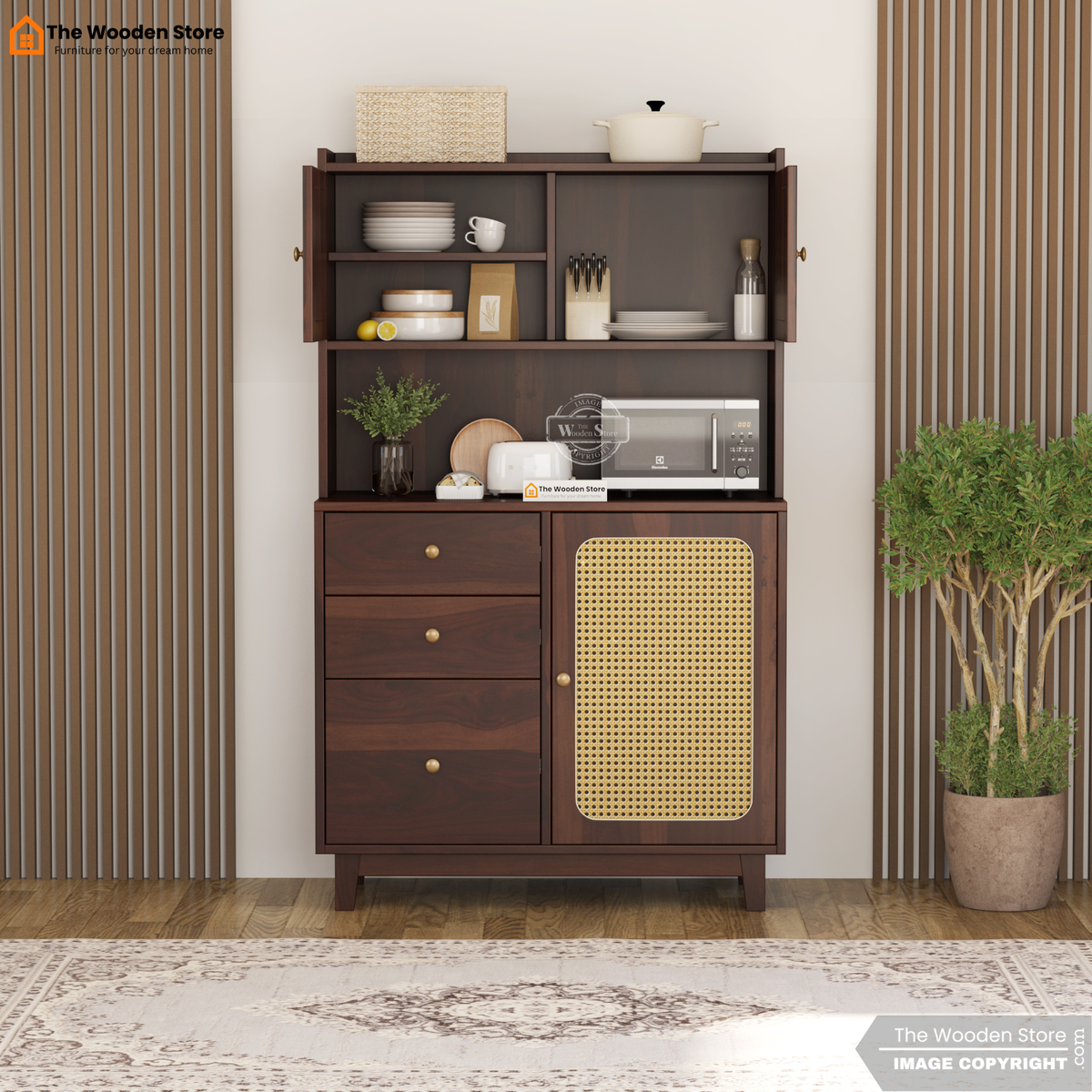 Safura Kitchen Cabinet with Cane Detailing (Walnut Finish)