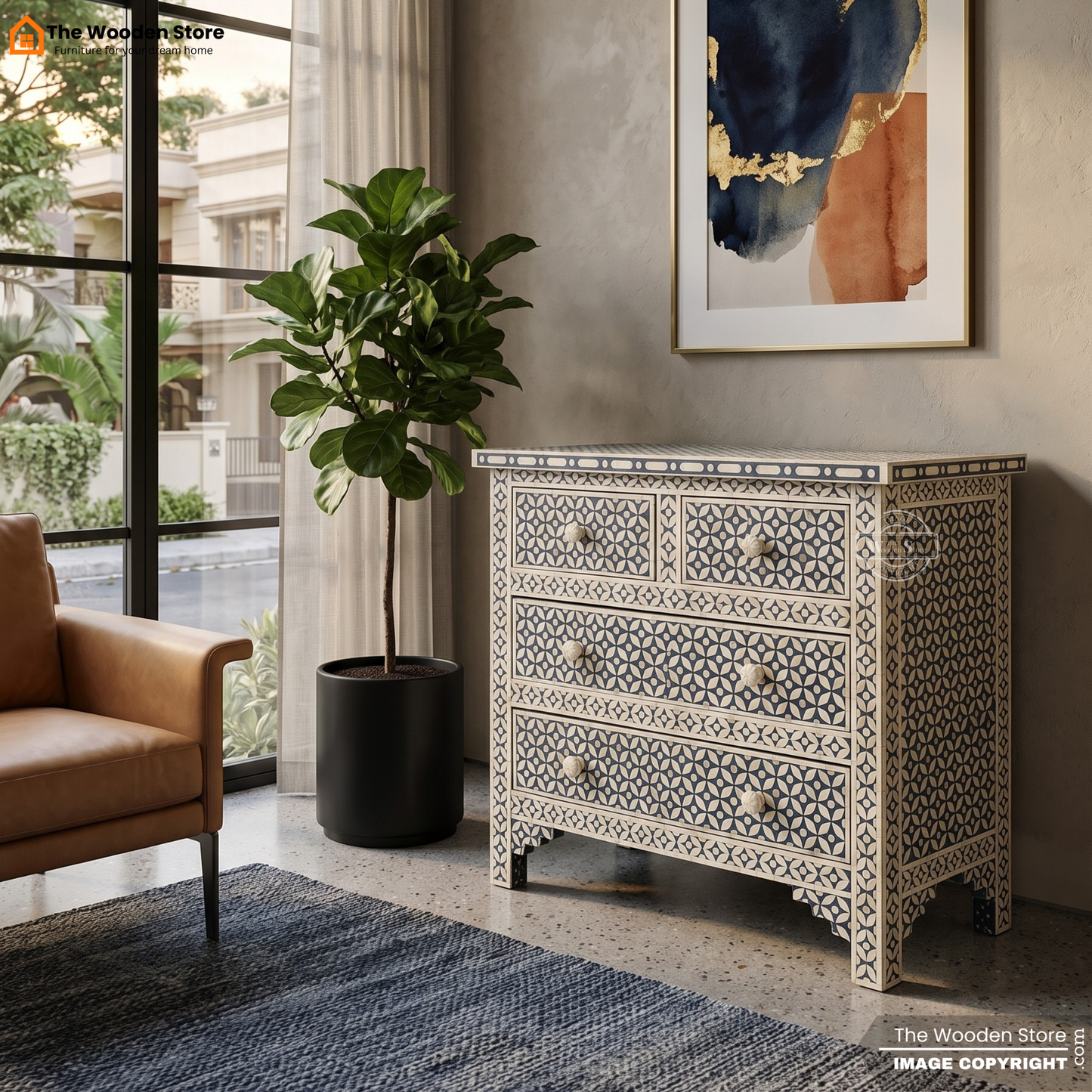Yahna Bone Inlay Chest Of Drawers (Black Finish)