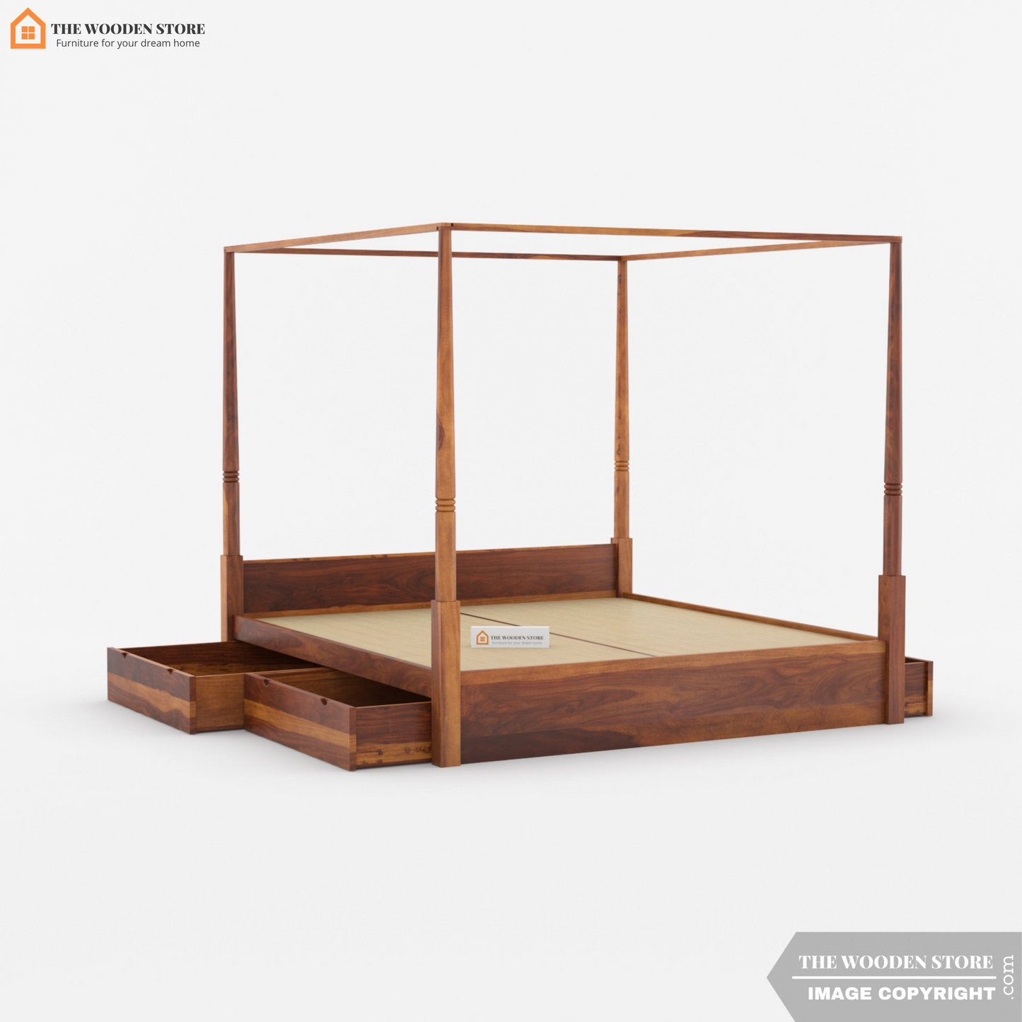Wilma Poster Bed With Storage (King Size, Honey Finish)