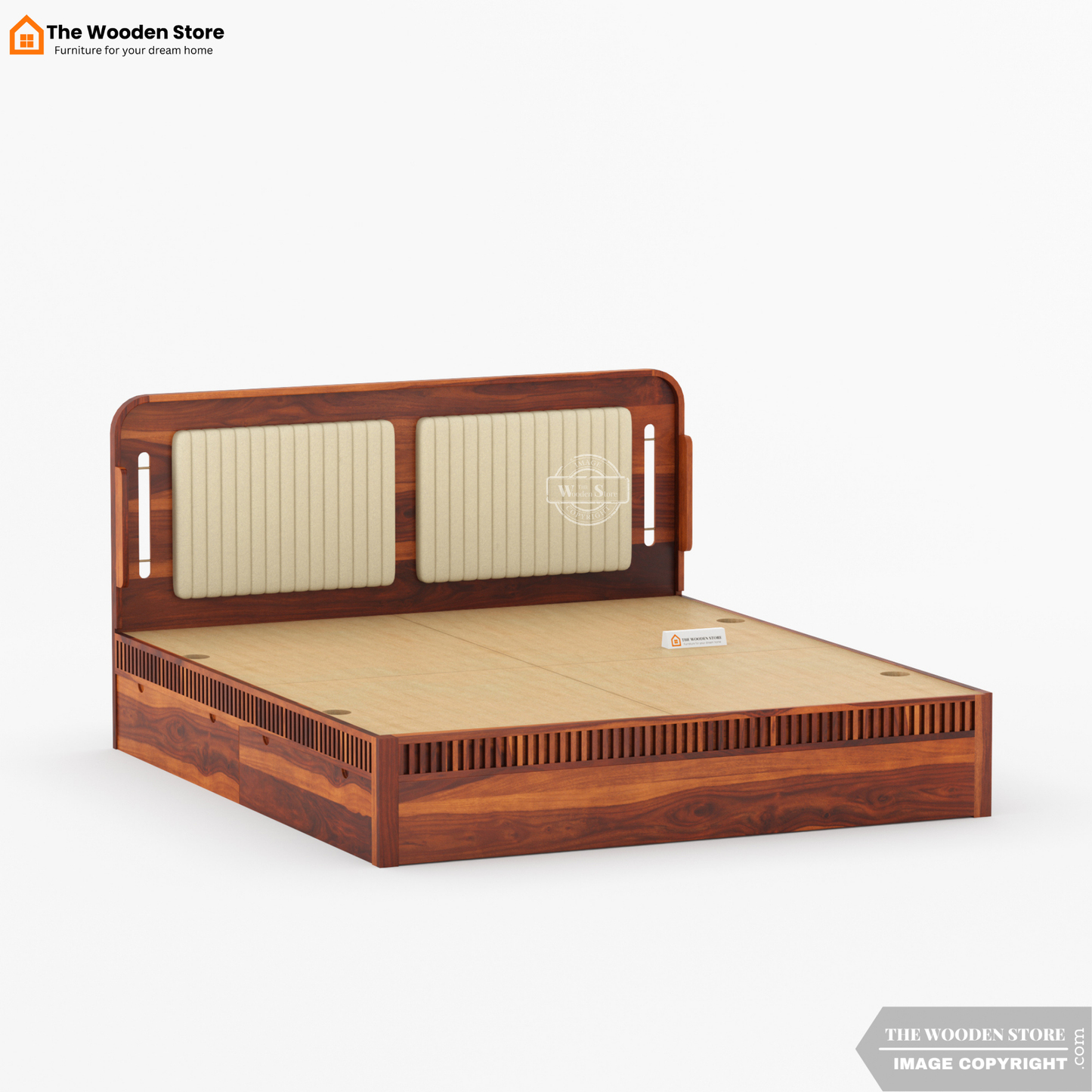 Liam Upholstered Bed with Drawer Storage (King Size, Honey Finish)