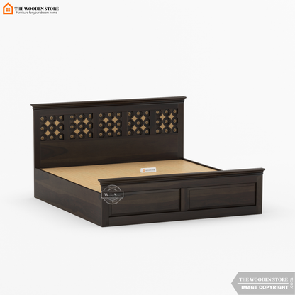 Indi Brass Hydraulic Bed With Storage (Queen Size, Walnut Finish)