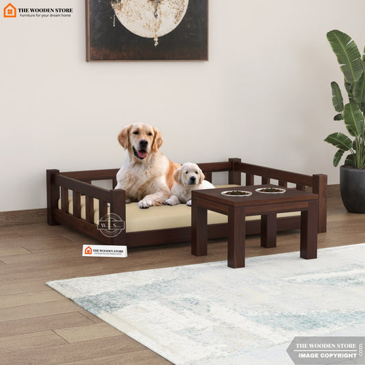 Ozzie Wooden Dog Bed with Feeder (Walnut Finish)