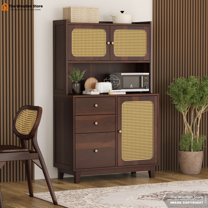 Safura Kitchen Cabinet with Cane Detailing (Walnut Finish)